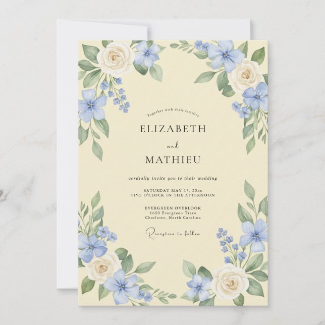Invitación Boda Floral Azul Celeste Florece (Anverso)
