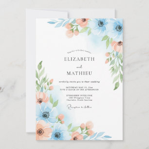 Invitación Boda Floral Azul Celeste Pintada