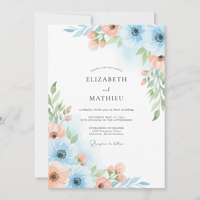Invitación Boda Floral Azul Celeste Pintada (Anverso)