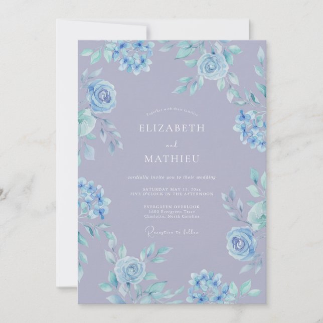Invitación Boda Floral Azul Celeste y Breezy (Anverso)