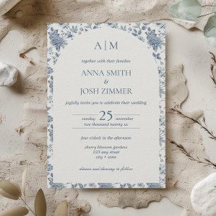 Invitación Boda floral azul chinoiserie francesa vintage