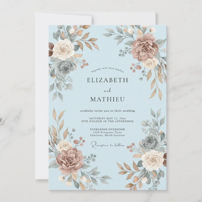 Invitación Boda floral azul cielo (Anverso)