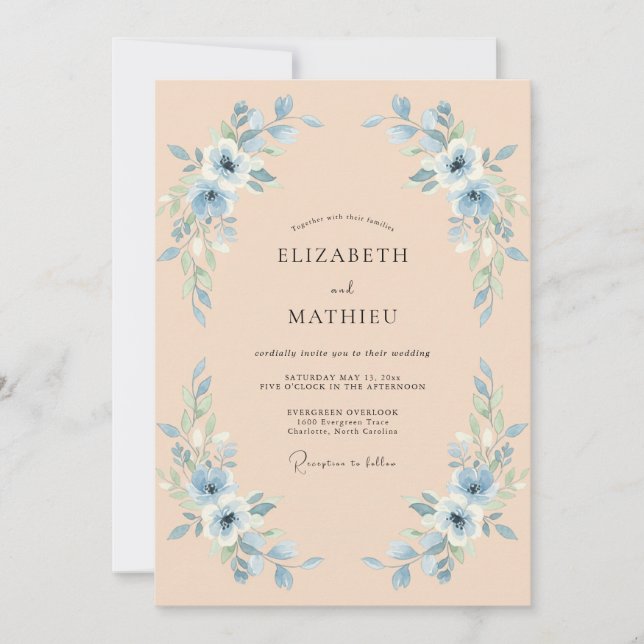 Invitación Boda floral azul claro (Anverso)