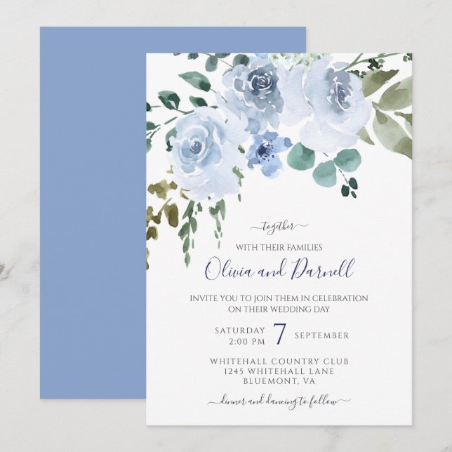 Invitación Boda floral azul claro (Anverso / Reverso)