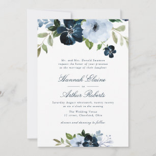Invitación boda floral azul claro y marina elegante