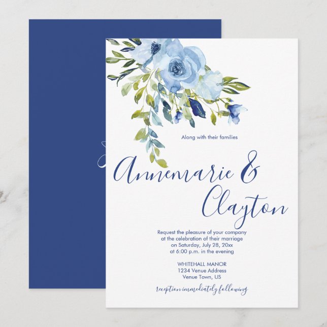Invitación Boda floral azul claro y navy | (Anverso / Reverso)