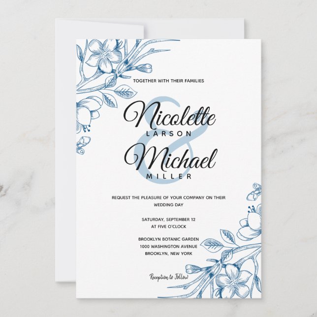 Invitación Boda floral azul clásico (Anverso)