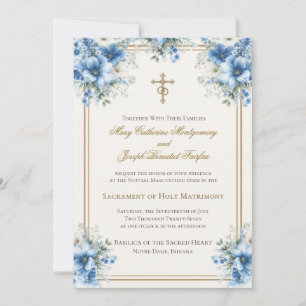 Invitación Boda floral azul clásico católico