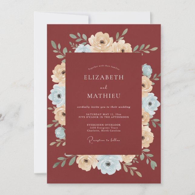 Invitación Boda floral azul crema herrumbre (Anverso)