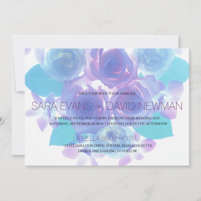 Invitación Boda floral azul de Aqua morado romántico (Anverso)