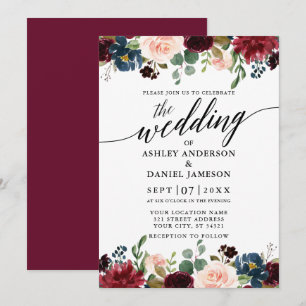 Invitación Boda Floral Azul de Borgoña