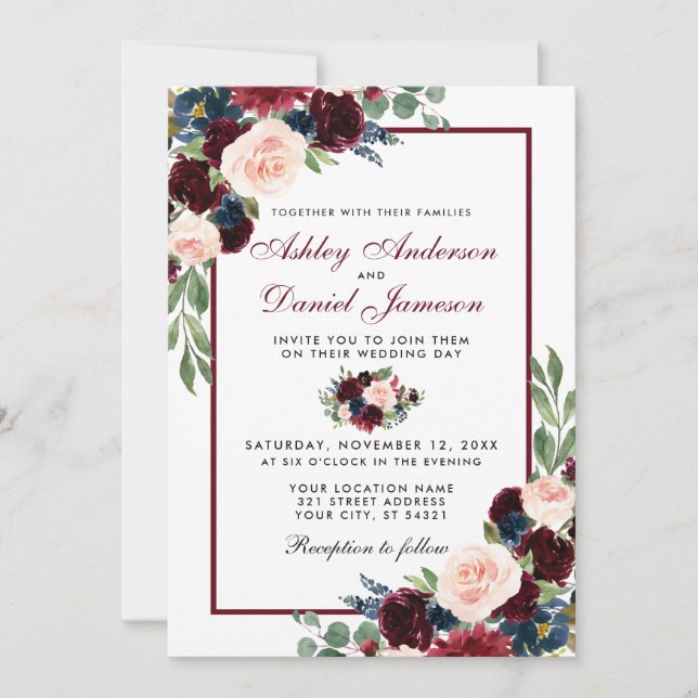 Invitación Boda Floral Azul de Borgoña (Anverso)