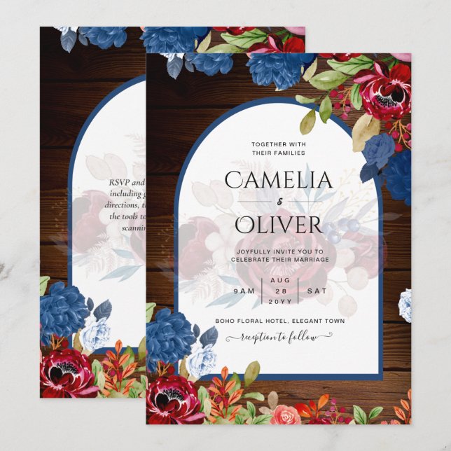 Invitación Boda Floral Azul de Borgoña Rústica (Anverso / Reverso)