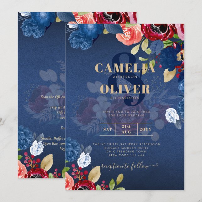 Invitación Boda Floral Azul de Borgoña Rústica (Anverso / Reverso)