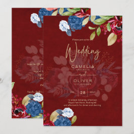 Invitación Boda Floral Azul de Borgoña Rústica