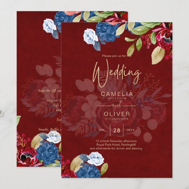 Invitación Boda Floral Azul de Borgoña Rústica (Anverso / Reverso)