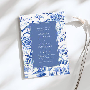 Invitación Boda Floral Azul de Chinoiserie asiática vintage