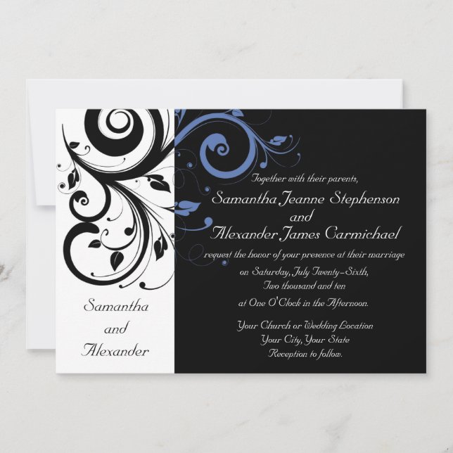 Invitación Boda floral azul de flor perenne negra (Anverso)