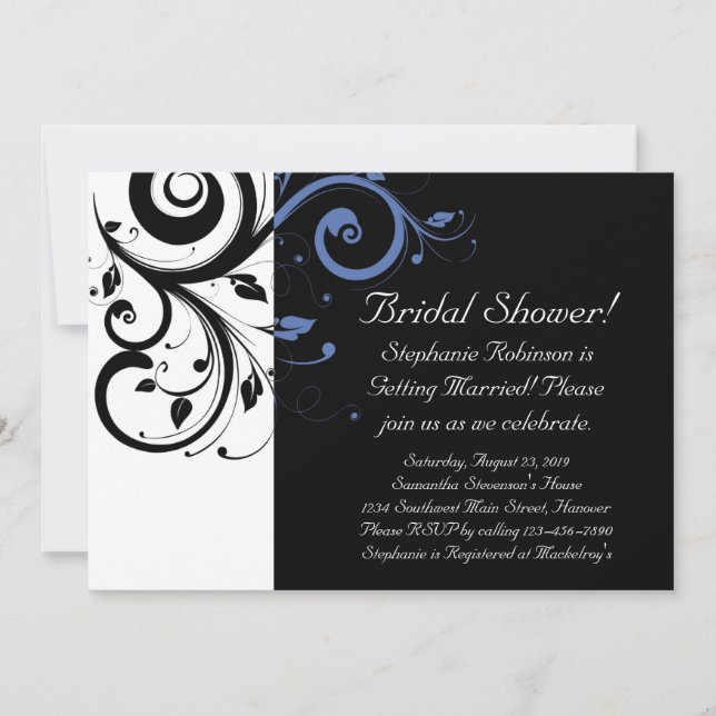 Invitación Boda floral azul de flor perenne negra (Anverso)