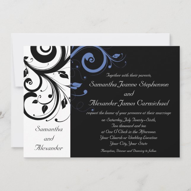 Invitación Boda floral azul de flor perenne negra (Anverso)