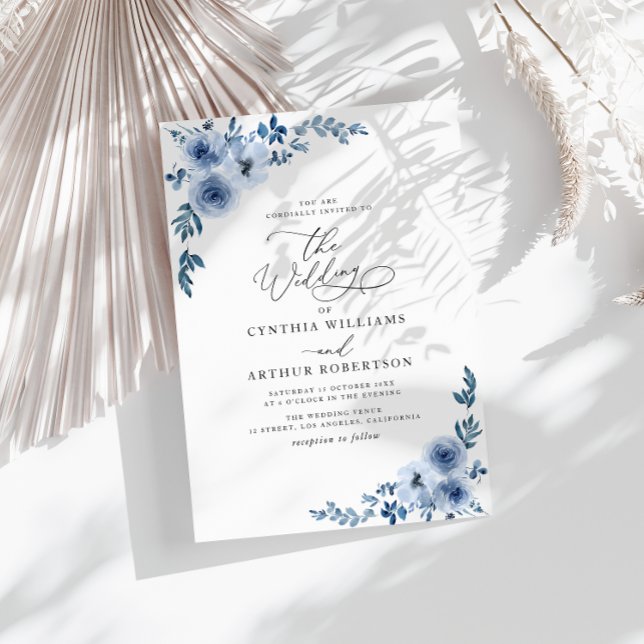 Invitación boda floral azul de guión elegante (Subido por el creador)