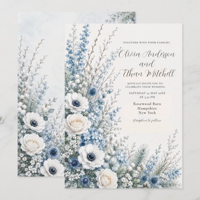 Invitación Boda floral azul de invierno (Anverso / Reverso)