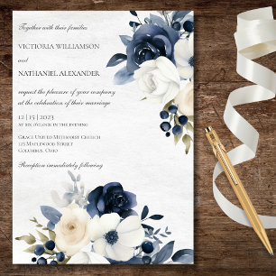 Invitación Boda Floral Azul de Invierno sobre Mármol Blanco