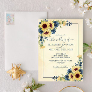 Invitación Boda floral azul de la armada del girasol cálido y