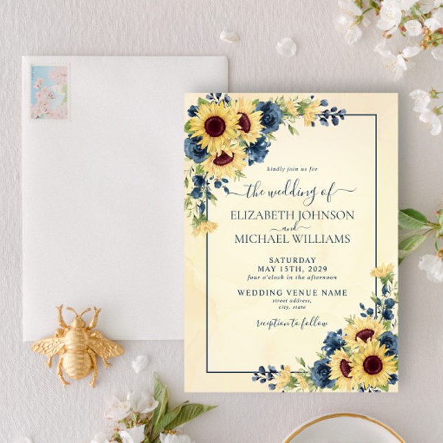 Invitación Boda floral azul de la armada del girasol cálido y (Subido por el creador)