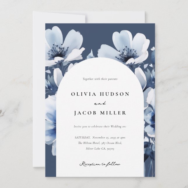 Invitación Boda floral azul de la Marina (Anverso)