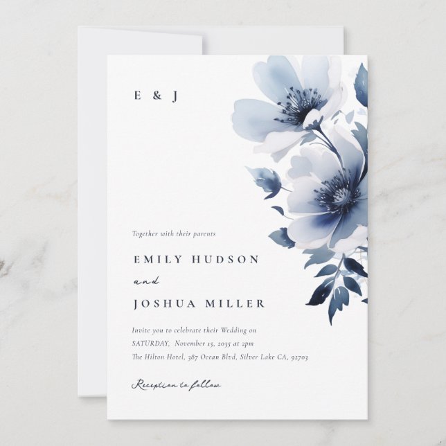 Invitación Boda floral azul de la Marina (Anverso)