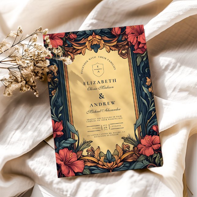 Invitación Boda floral azul de la marina Art Nouveau (Subido por el creador)