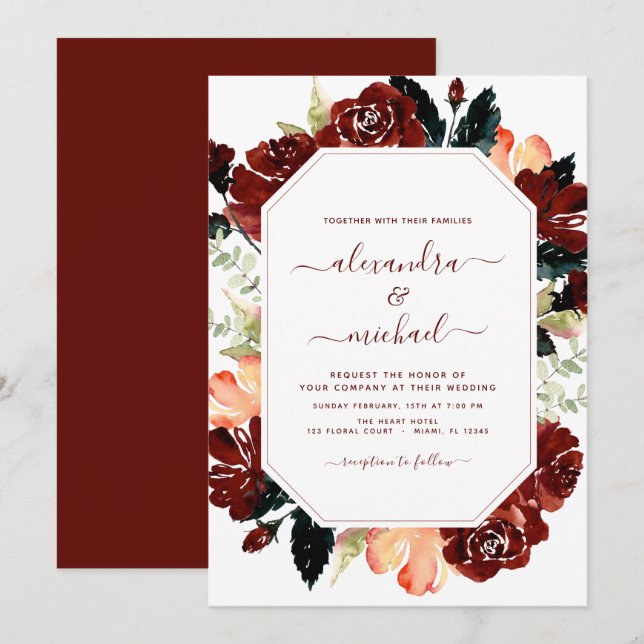 Invitación Boda floral azul de la Marina Borgoña con presupue (Anverso / Reverso)