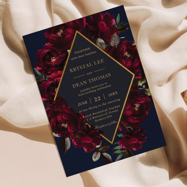 Invitación Boda floral azul de la Marina Borgoña Moody (Subido por el creador)