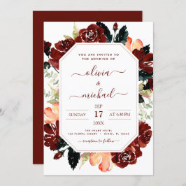 Invitación Boda floral azul de la Marina de Borgoña elegante
