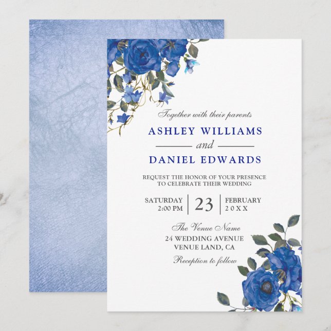 Invitación Boda Floral Azul de la Marina de Indigo (Anverso / Reverso)