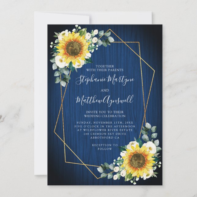 Invitación Boda floral azul de la Marina de los girasoles geo (Anverso)