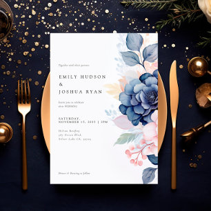 Invitación Boda floral azul de la marina de Rubor
