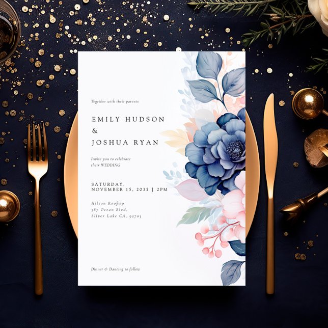 Invitación Boda floral azul de la marina de Rubor (Subido por el creador)