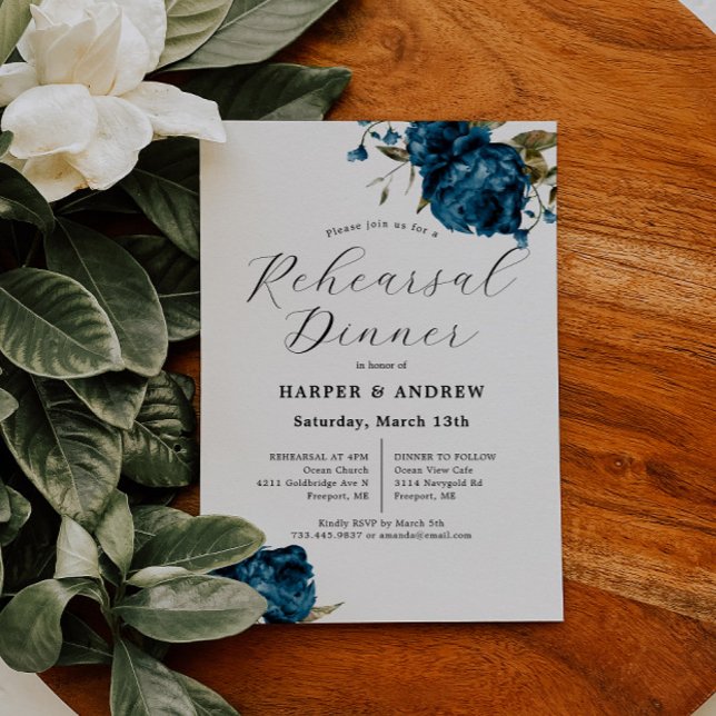 Invitación Boda Floral Azul de la Marina Ensayo Cena (Subido por el creador)