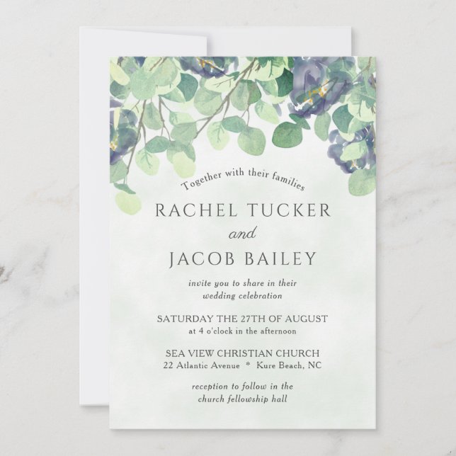 Invitación Boda floral azul de la marina Eucalyptus Greenery (Anverso)