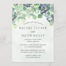 Invitación Boda floral azul de la marina Eucalyptus Greenery