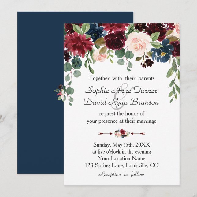 Invitación Boda floral azul de la marina mercante romántica (Anverso / Reverso)