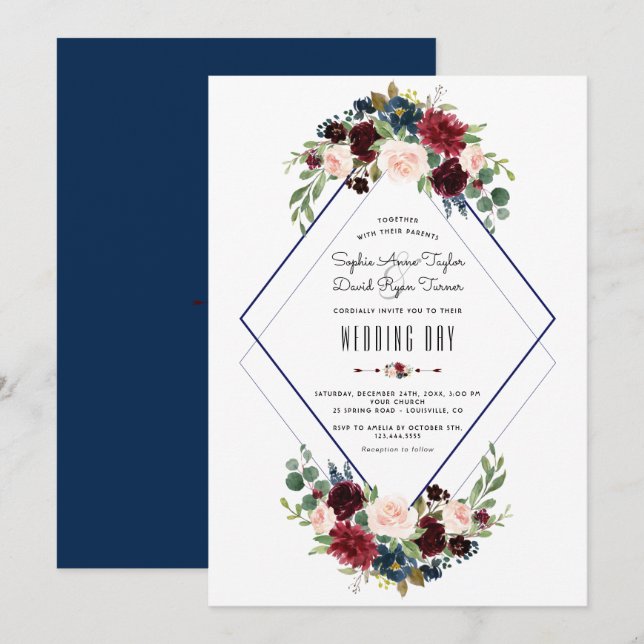 Invitación Boda floral azul de la Marina Merlot Geométrica Mo (Anverso / Reverso)