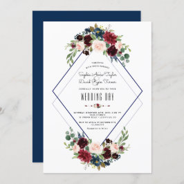 Invitación Boda floral azul de la Marina Merlot Geométrica Mo