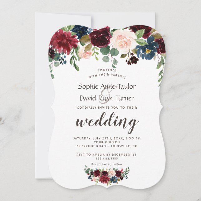 Invitación Boda floral azul de la Marina Merlot Rustica (Anverso)