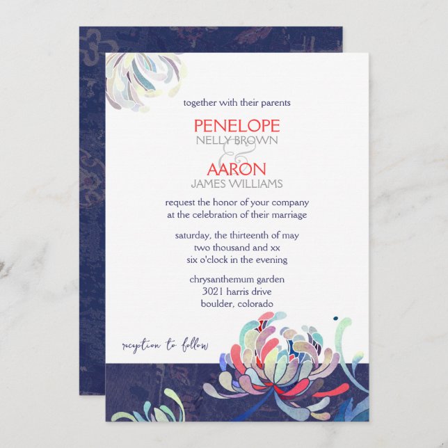 Invitación Boda floral azul de la Marina moderna (Anverso / Reverso)