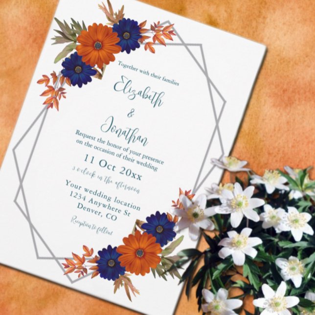 Invitación Boda floral azul de la Marina Naranja de otoño rus (Subido por el creador)