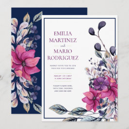 Invitación Boda floral azul de la marina rosa de Fuchsia