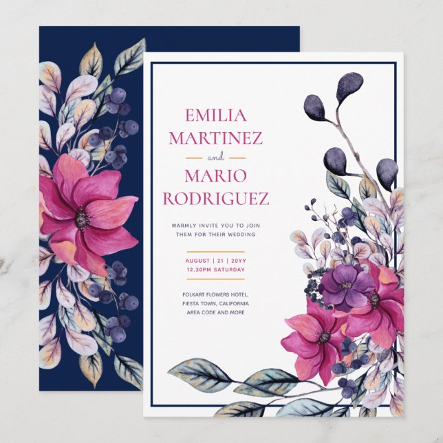 Invitación Boda floral azul de la marina rosa de Fuchsia (Anverso / Reverso)